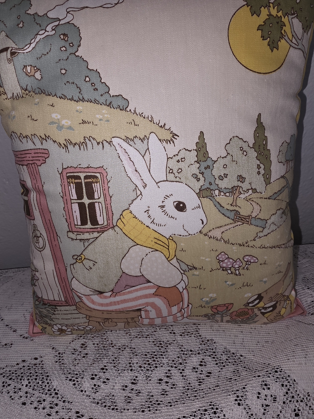 Mr. Rabbit" decorative pillow, meticulously crafted using a classic 1980s Fabric